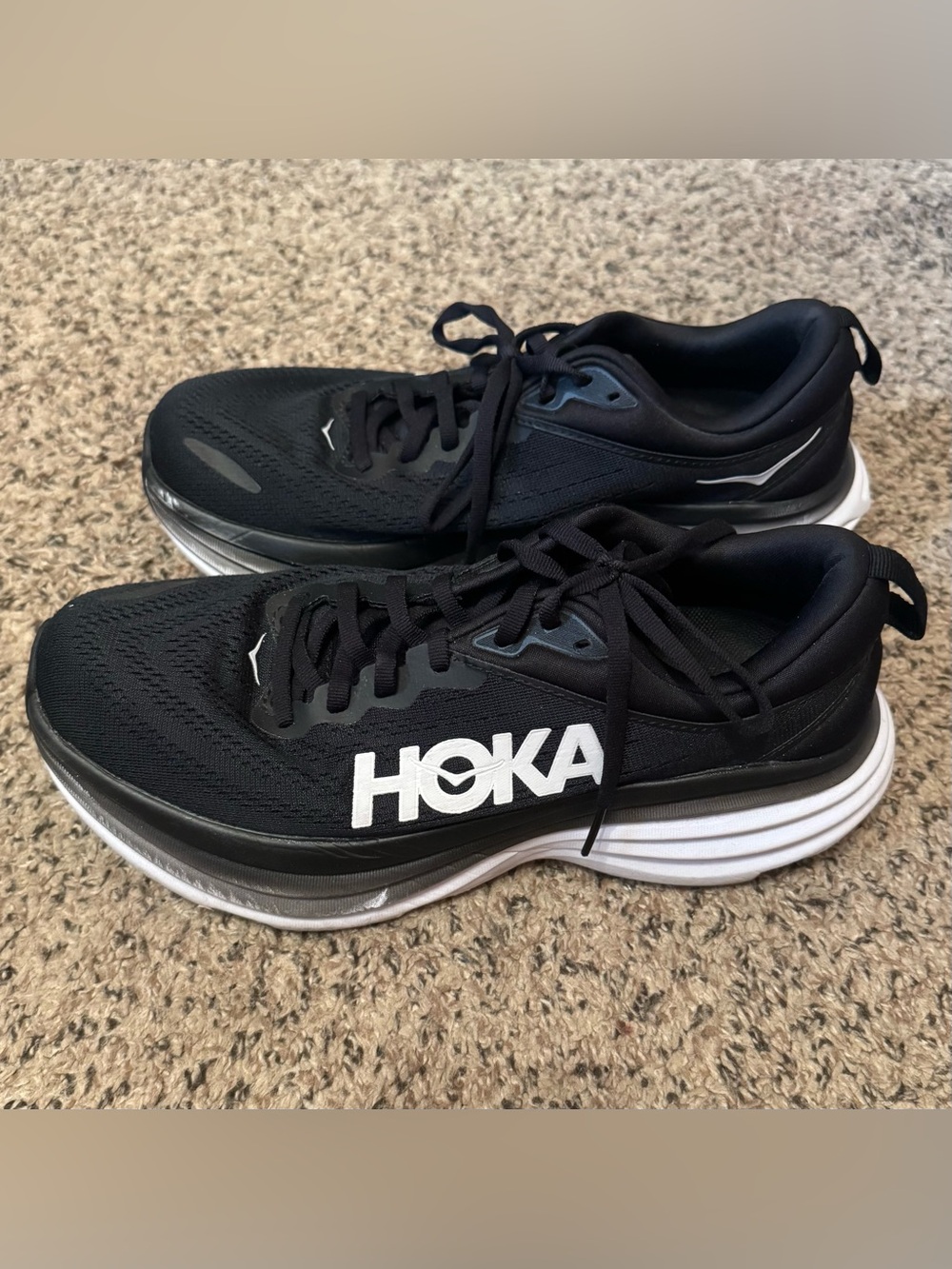 Hoka Women’s Bondi 8 Black and White Athletic Running Shoes